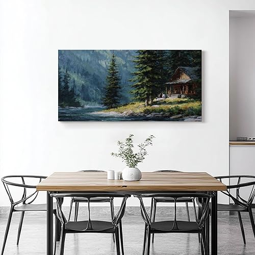 Miniatura 2 de 30"x 60" Canvas Wall Art Vintage Framed Mountain River Landscape Pine Tree Rustic Framed Pictures Painting Print Large Wall Art for Living Room