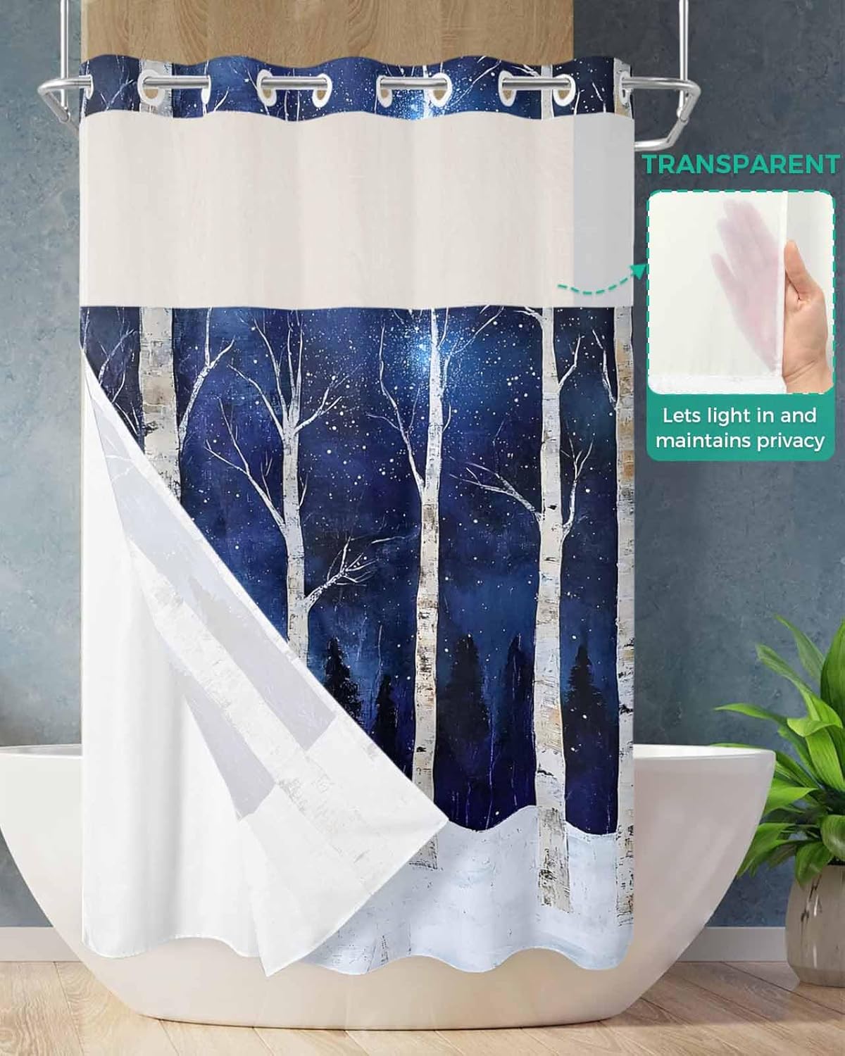 No Hook Shower Curtain with Snap-in Liner, Blue Forest Waterproof Fabric Bathroom Curtains, Vintage Night Trees Trunk Branch Bath Curtains & Mesh Top Window Stand Up Stall 36"x72"
