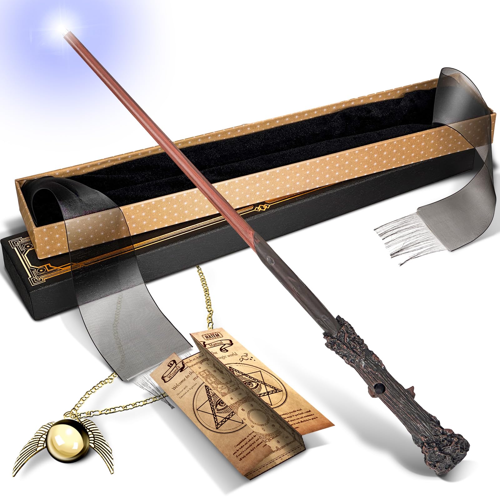 Natem Light Up Wizard Wand, Rechargeable Lighting Witch Wands, Illuminating Magic Witches Staff Wand for Cosplay Accessories with Necklace for Halloween Birthday Party Gift (Bravely)