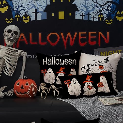 Miniatura 5 de DFXSZ Juego de 4 fundas de almohada de Halloween de 20 x 20 pulgadas, diseño de calabazas fantasmas en blanco y negro, fundas de almohada para