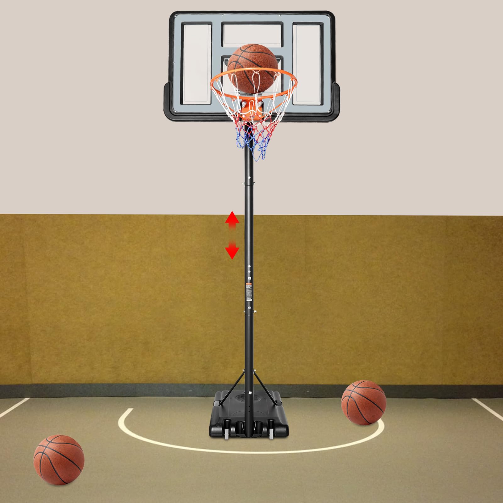 Canestro da basket con supporto e ruote, 170-305 cm, regolabile in altezza