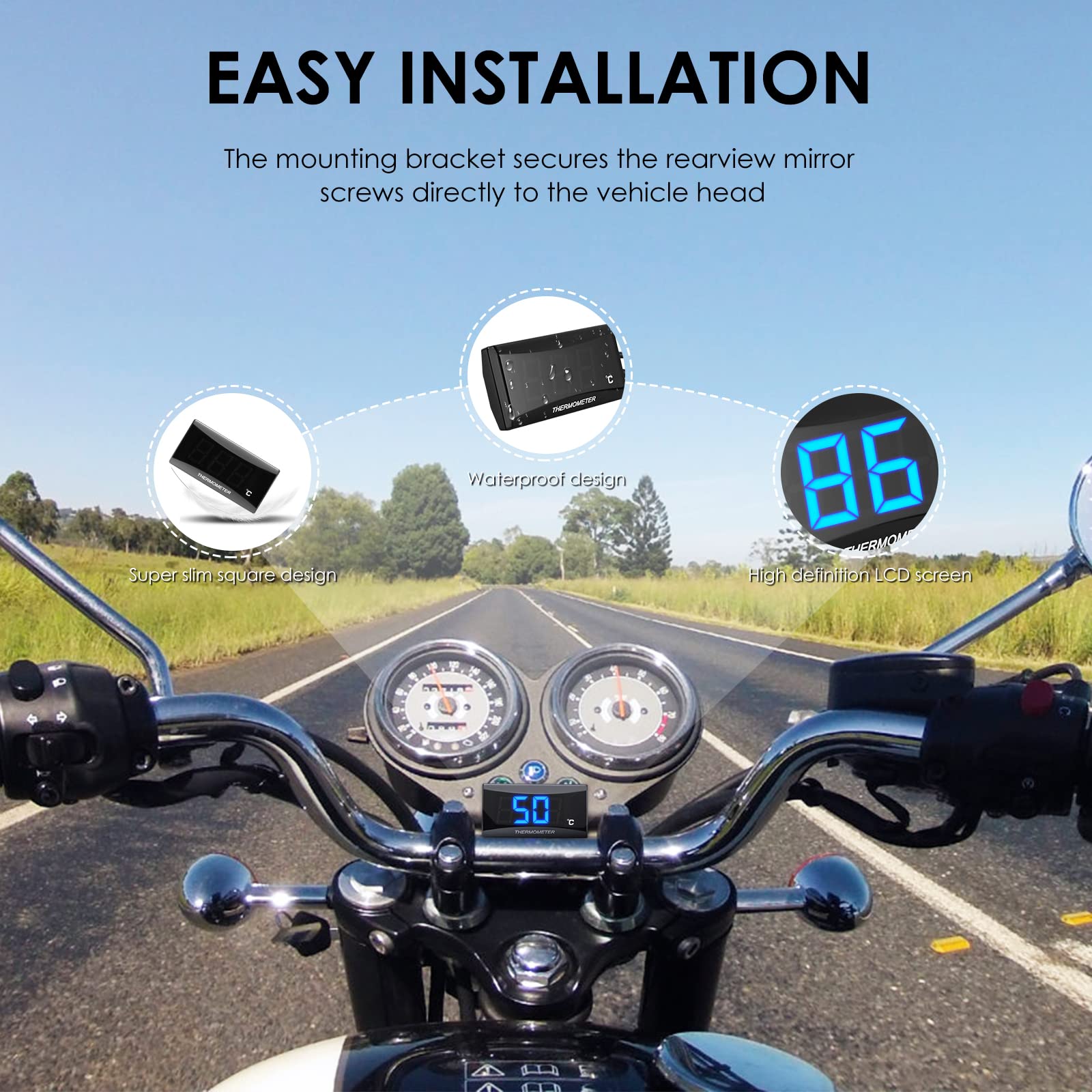 Thermomètre Numérique Universel pour Moto avec 18/22mm Adapter, affichage numérique capteur de température, LED Adaptateur Capteur de Température de Sonde en Métal Étanche pour KOSO (22MM-BLUE)