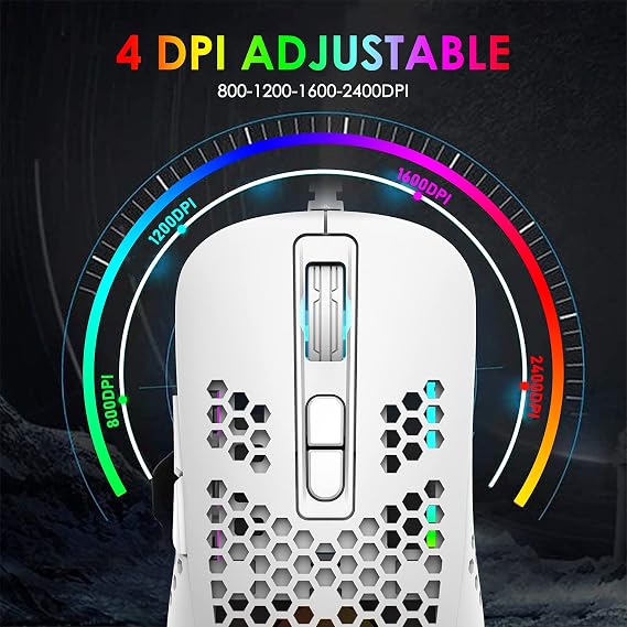 383 Ultralight Wired Gaming Mouse, Lightweight Honeycomb Shell, 4 RGB Breathing Backlit Mice, 4 Adjustable DPI 2400, USB Optical Computer Mice for Win10/XP/Xbox/PS4/PS5/Mac/Air/HP/Acer (White)