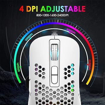 383 Ultralight Wired Gaming Mouse, Lightweight Honeycomb Shell, 4 RGB Breathing Backlit Mice, 4 Adjustable DPI 2400, USB Optical Computer Mice for Win10/XP/Xbox/PS4/PS5/Mac/Air/HP/Acer (White)