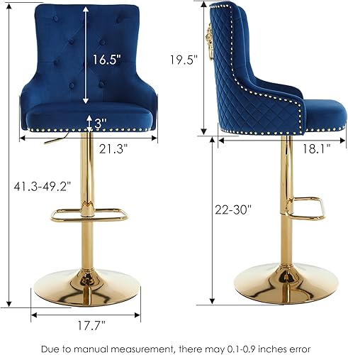 Miniatura 50 de Juego de 2 taburetes de bar giratorios ajustables de terciopelo con respaldo alto copetudo, modernos taburetes de altura de mostrador con base