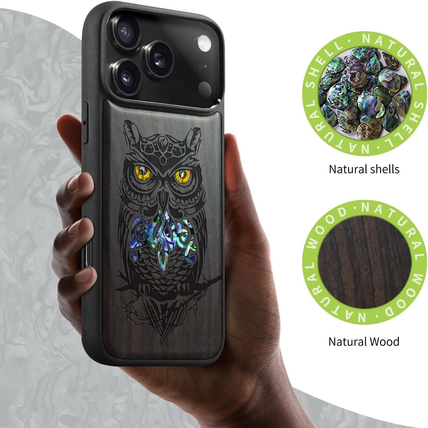 Carveit Magnetic Case for iPhone 17 Pro Max Case, Wood Artisan Engraved & Handmade Shell Inlaid, TPU Shockproof Cover, Compatible with MagSafe Wireless Chargers (an Owl Perched on a Branch-Blackwood)