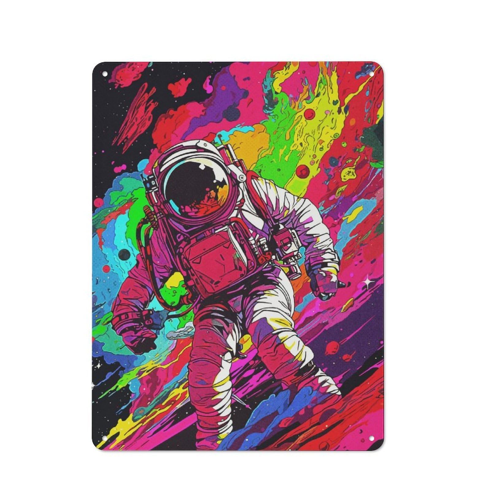 Junmoney Colorful Astronaut Vintage Warehouse Style Metal Wall Decor 40X30cm, Tin Wall Sign For Modern Home, Workshop, Office Or Cafe
