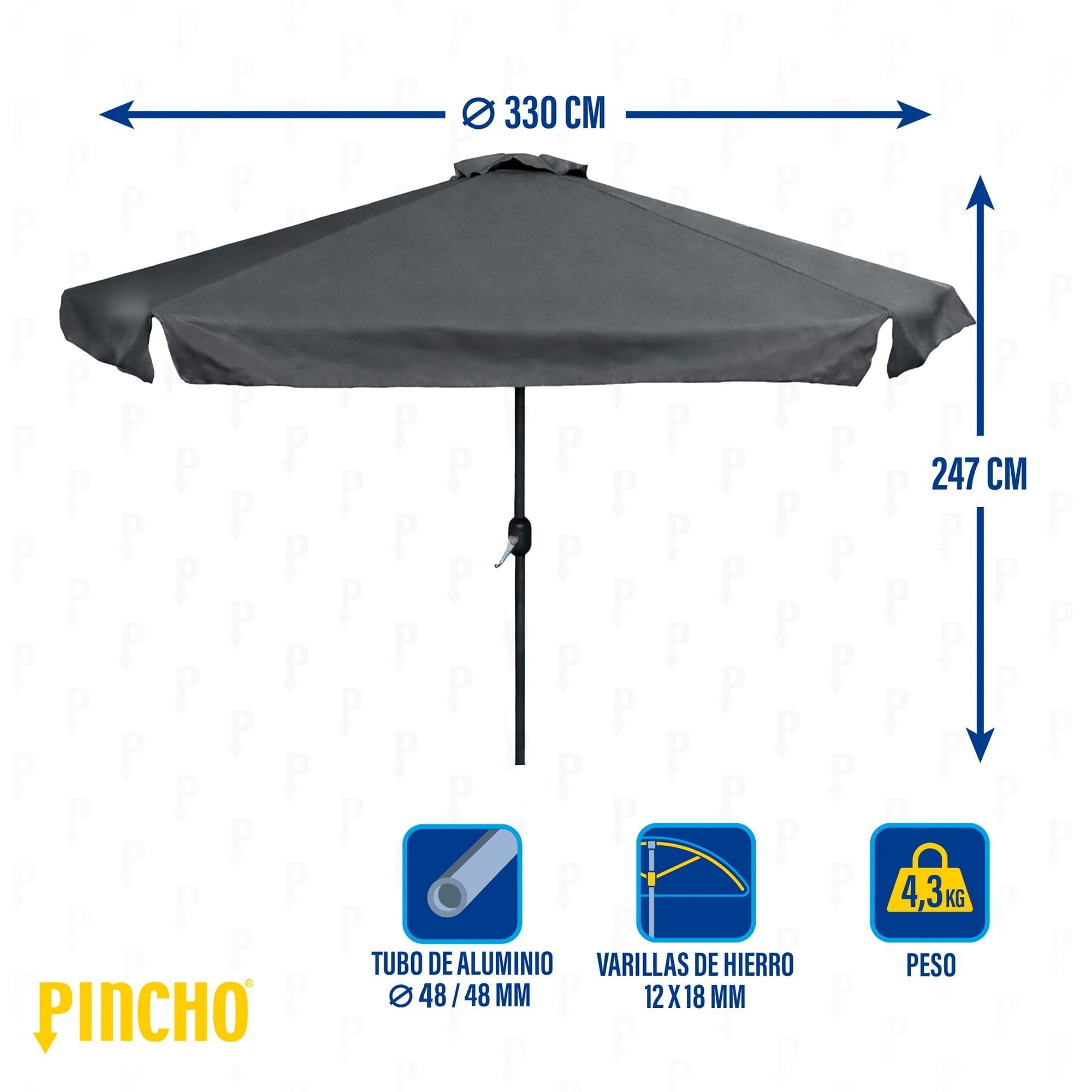 Pincho Sombrilla Terraza Exterior 330cm, Sombrilla Jardín Grande con Ventana Superior, Tela Poliéster 170gr/m2, Aluminio, Protección Solar UV50+ (ANTRACITA 330 CM)