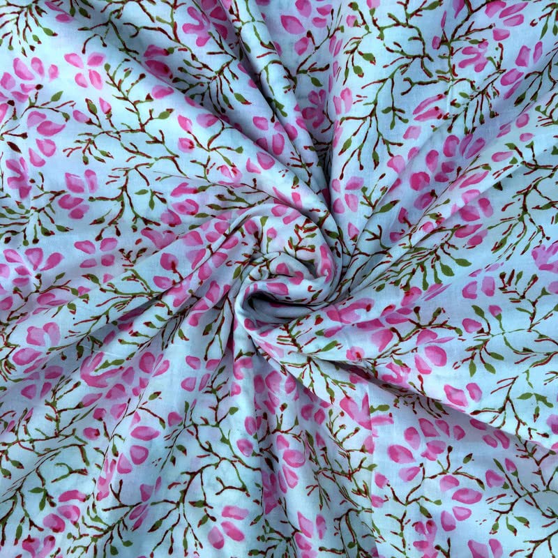 E-Tailor® Hand Block Printed Indian Natural Cotton Jaipuri Print Sanganeri Kurti Print Fabric by The Yard-1 Yard-Floral-Baby Pink