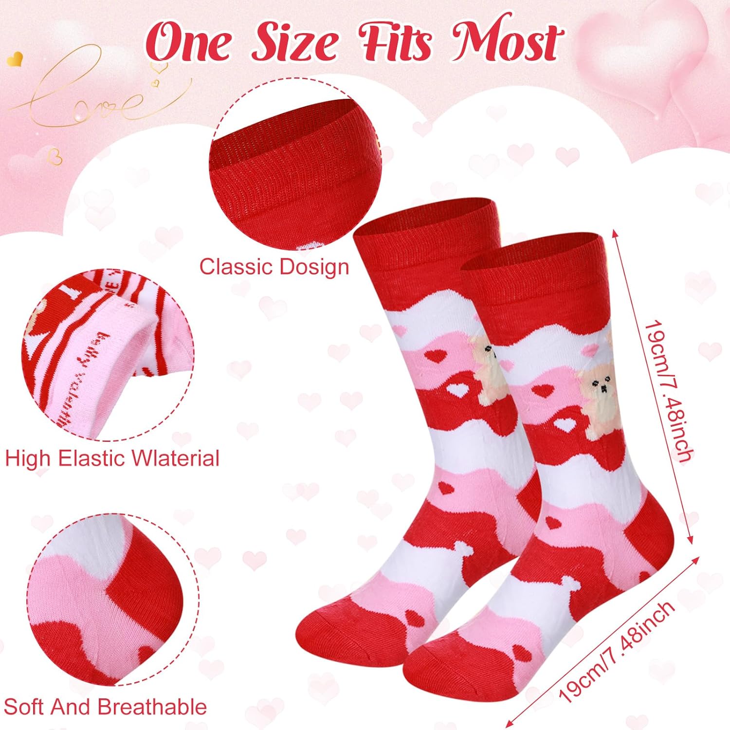24 Pairs Valentine‘s Day Socks 7.5 Inch Hearts and Love Socks Bulk Pink Red Colorful Pattern Novelty for Women Men(Bear Style) - Image 3