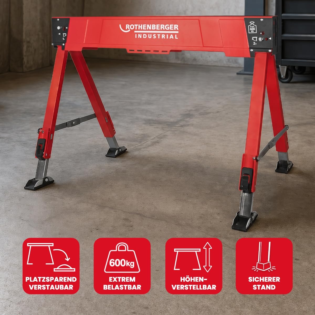 ROTHENBERGER Industrial Duo Falt Arbeitsbock, Sägebock, Unterstellbock, Klappbock 2er Set höhenverstellbar, klappbar, bis 600 kg belastbar