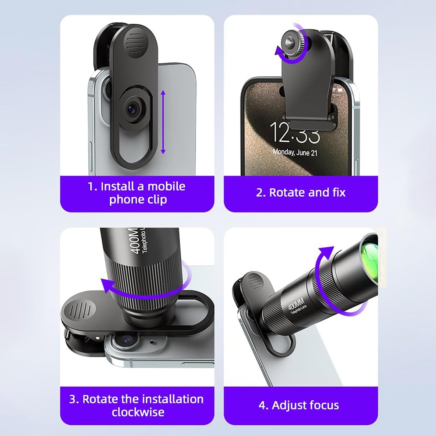 400-mm-Teleobjektiv für iPhone, Android-Handy-Kamera, HD-Handy-Teleskopobjektiv mit Universalclip, für Multi-Szenen-Fotografie wie Wildtiere, Sport, Konzerte, Blumen usw.