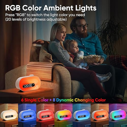 Miniatura 7 de Máquina de sonido de ruido blanco y reloj despertador de amanecer, 30 sonidos de sueño, 14 luces nocturnas, 0-100% atenuador, alarma doble,