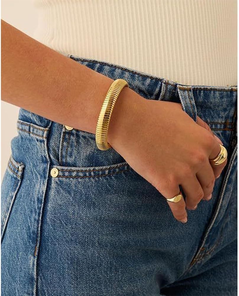 Gold Bangles Bracelet Set for Women, 18k Gold Plated Stainless Steel Waterproof Flexible Stretch Chunky Bangle Layered Cobra Bracelet - Image 4