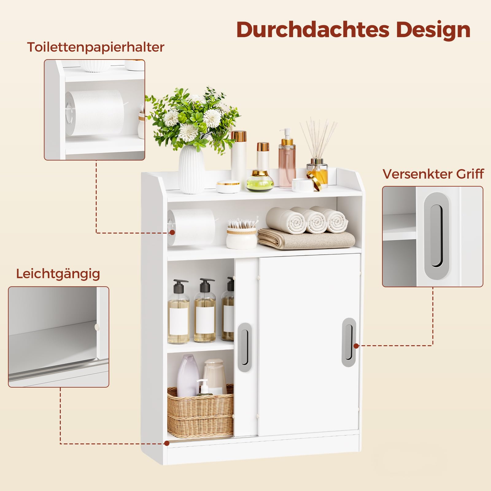 BEWISHOME Badezimmerschrank mit Toilettenpapierhalter,Versenkten Griffen | Badschrank Schmal mit Schiebetüren und Verstellbare Trennwand,Nischenschrank Platzsparend für Badezimmer,20x60x80cm,Weiß