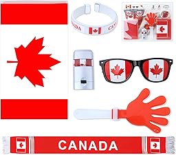 Soccer Fan Gear Set - 2026 World Soccer Sport Cup Party Supplies with Canada Flag, Decorative Glasses, Face Paint, Cheer Clapper, CAN Bracelet, and Canada Scarf for World Cup Decorations