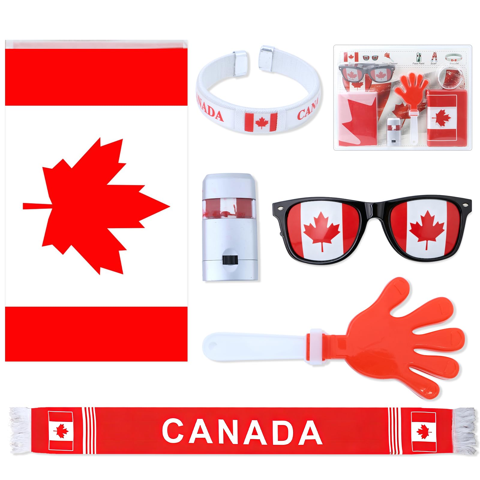 Soccer Fan Gear Set - 2026 World Soccer Sport Cup Party Supplies with Canada Flag, Decorative Glasses, Face Paint, Cheer Clapper, CAN Bracelet, and Canada Scarf for World Cup Decorations
