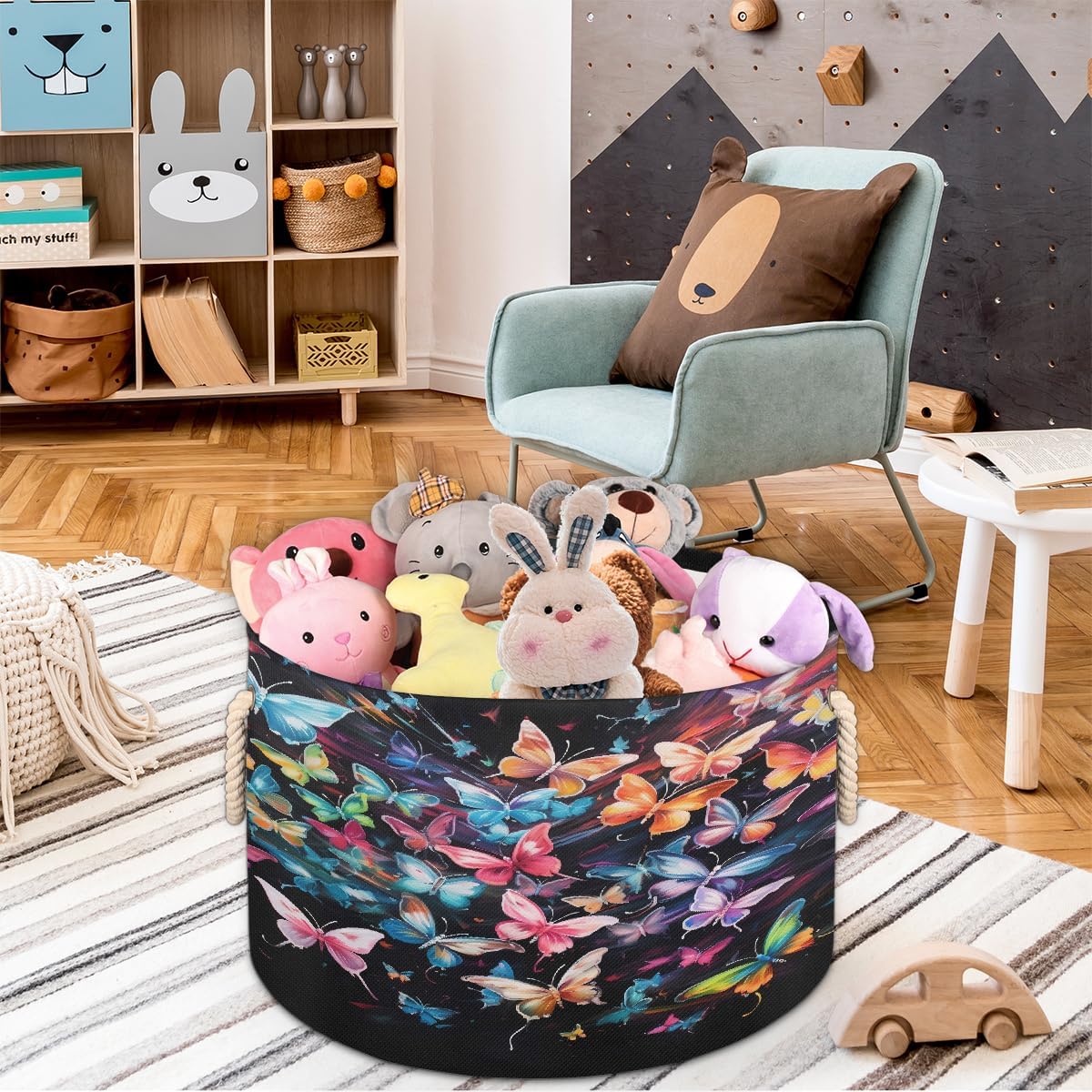 Large Round Laundry Basket Colorful Design Butterfly Toy Bins Organizers and Storage for Girls Canvas Collapsible Blanket Storage Basket Laundry Hamper Gift Baskets Bedroom Clothes Children Nursery