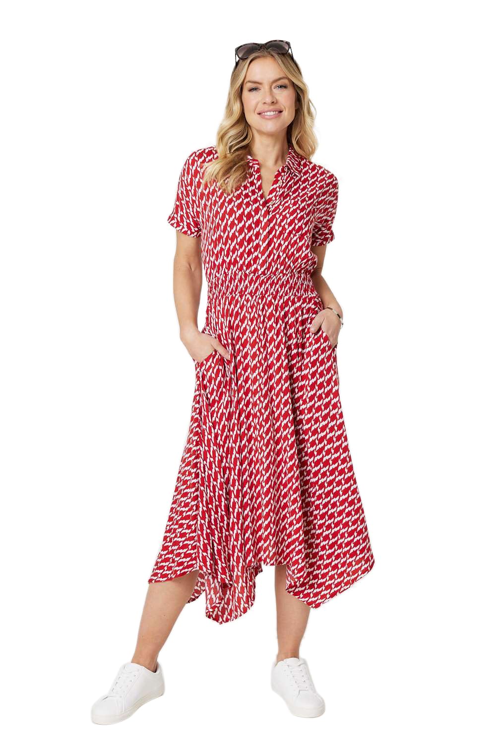 Izabel London Women's Red Geo Print Hanky Hem Midi Dress In Size 14