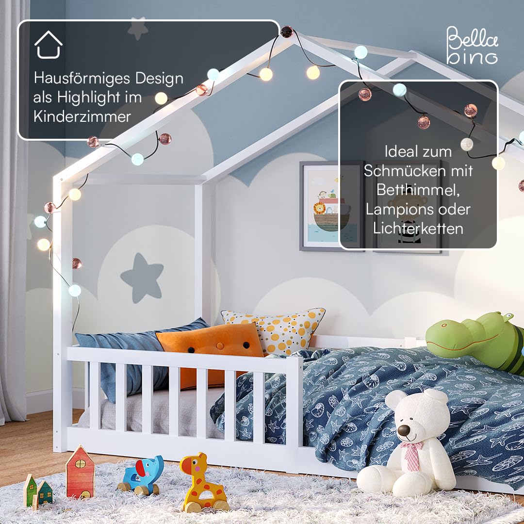 Bellabino Bia Kinderbett 90x200 cm – Bodenbett mit Rausfallschutz & Lattenrost – Hausbett aus Massivholz Kiefer – Montessori Kinder Bett in Weiß für Jungen und Mädchen