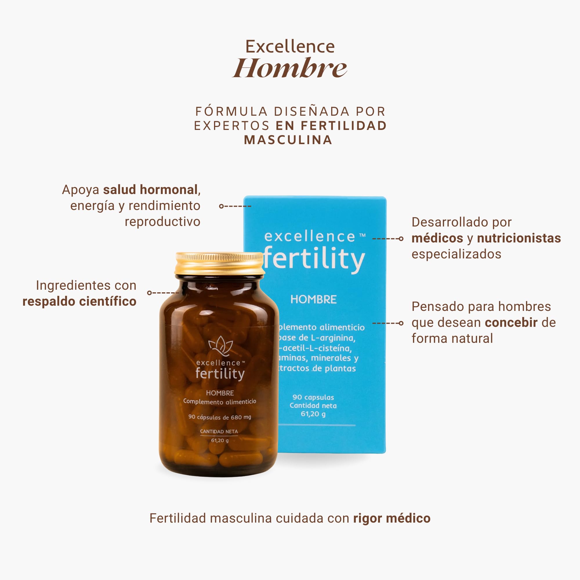 Suplemento Fertilidad Masculina - Excellence Hombre con Maca, Zinc, L-Arginina, Folato, Vitamina D y C – Energía, Vitalidad y Bienestar Masculino – 90 Cápsulas
