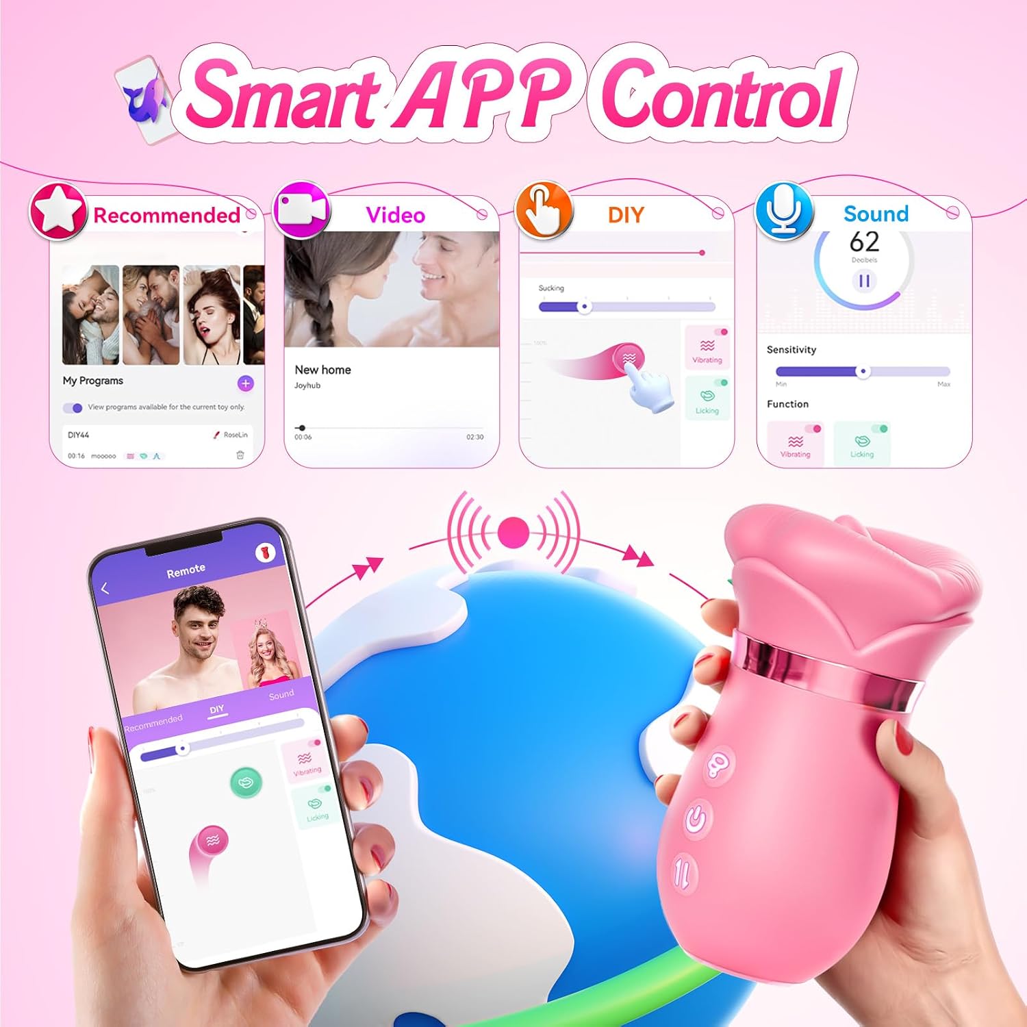 Vibrator Adult Sex Toys for Women - Toendi 5IN1 Mouth Sucking Vibrator Rose Sex Toy, 10 Tongue Licking, 3 Auto & 1 Manual Sucking Adult Toys New APP, Clit Nipple Vibrators Female Couple Sex Toy, Pink