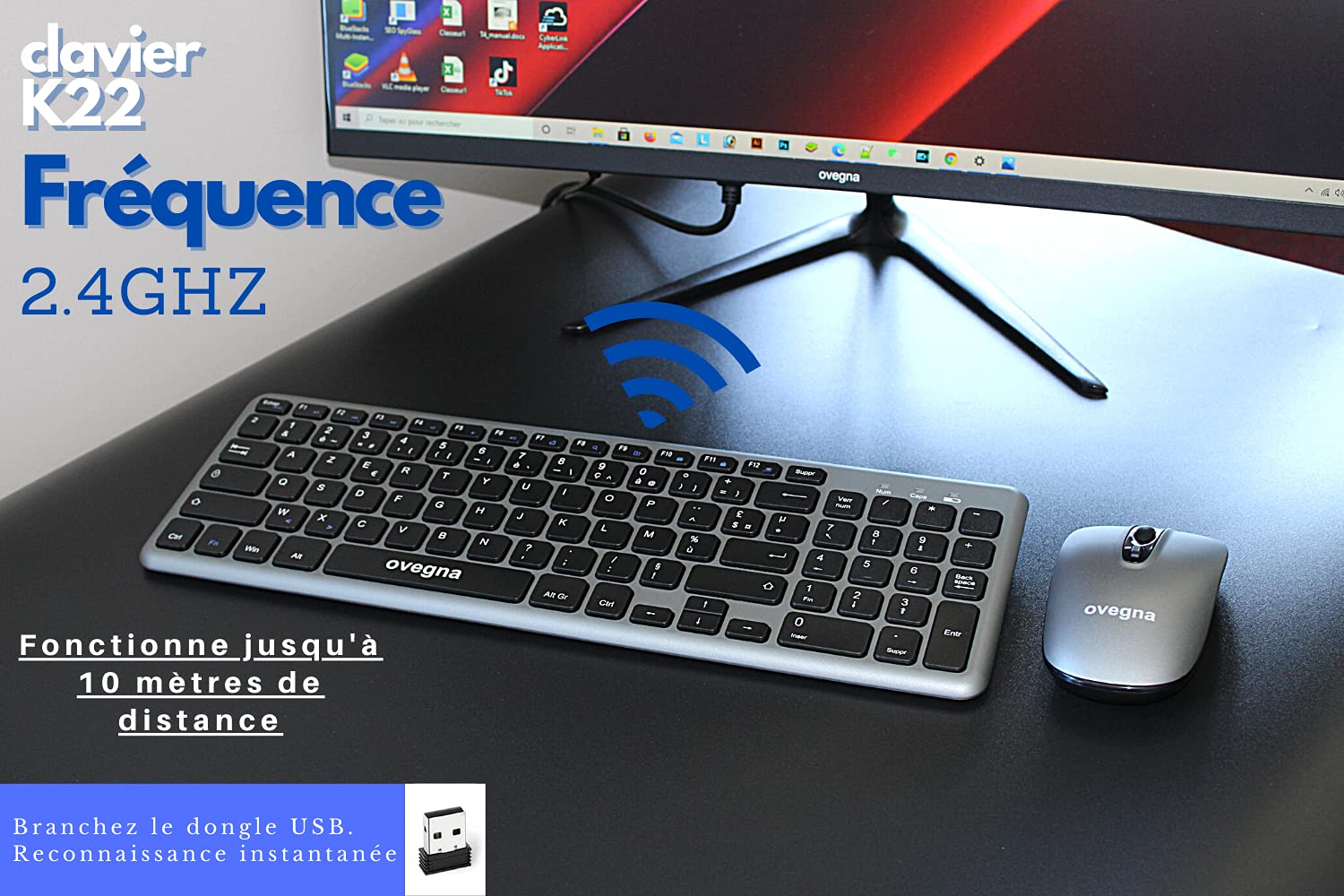 Ovegna K22: Wireless Keyboard and Mouse Set, 2.4GHz, AZERTY, for PC, Mini PC, Mac, SmartTV, Raspberry, Laptop, Android Box, Windows, Linux, MacOS, Android