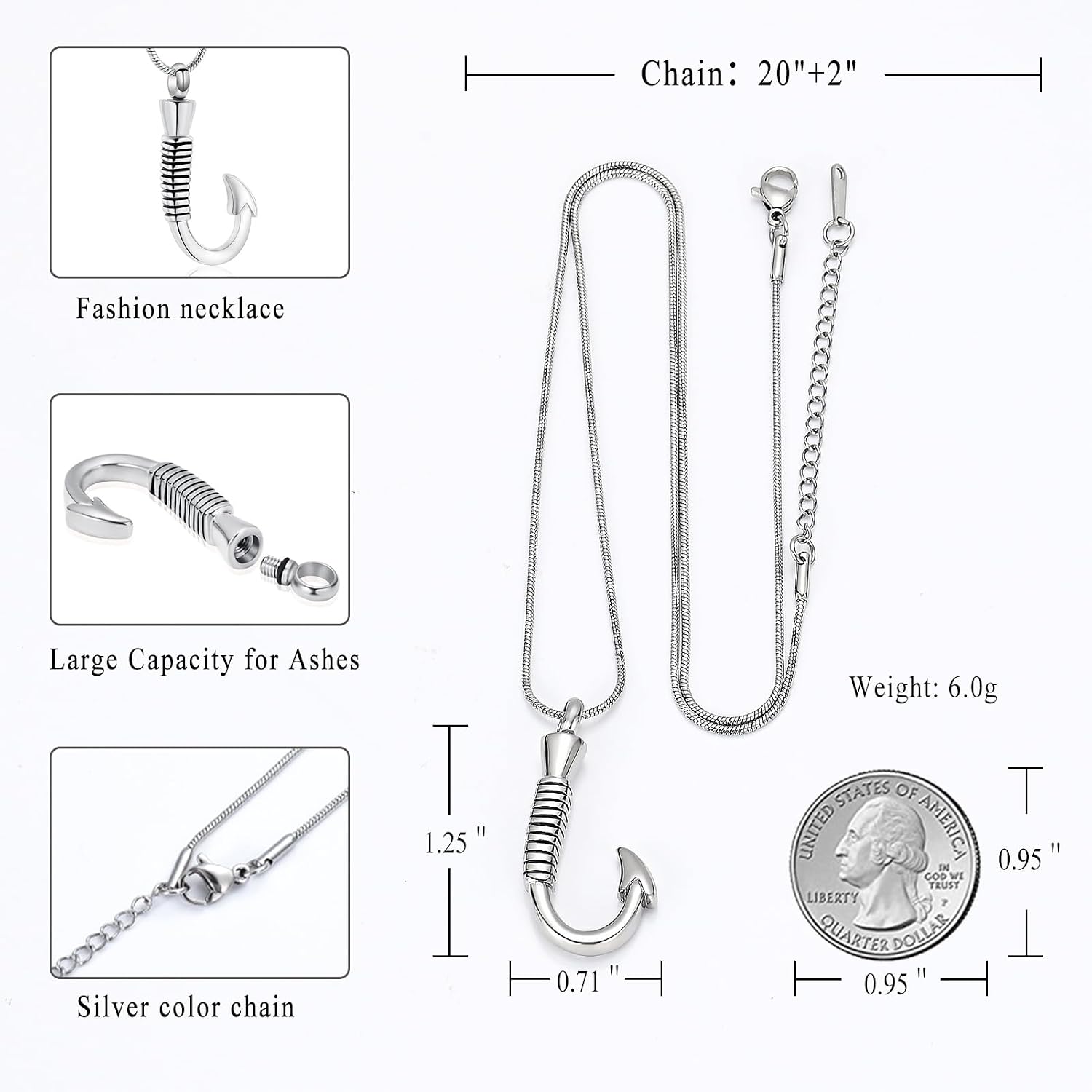Urn Necklace For Ashes,Fishing Hook Urn Necklace for Ashes Fish Hook Stainless Steel Cremation Jewelry Memorial Pendant Keepsake for Men image 2