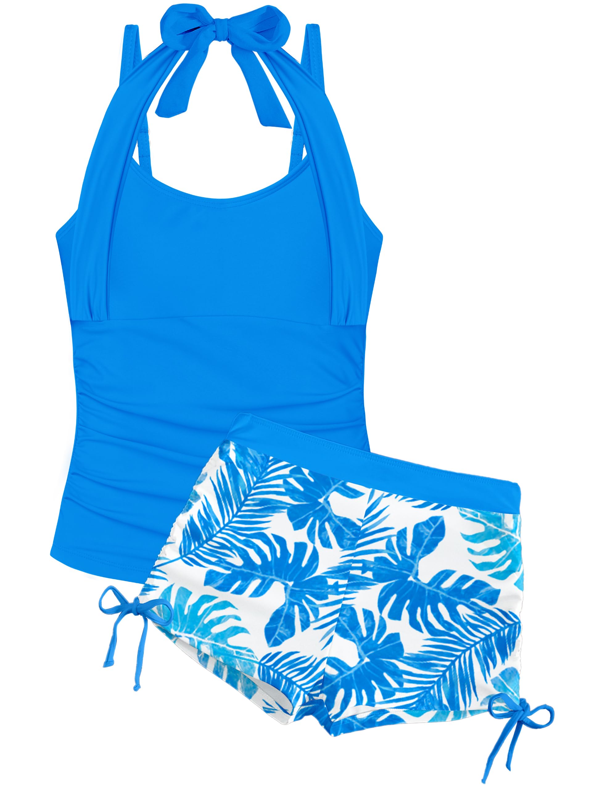 Girls Bathing Suits 2 Piece Swimsuit Halter Girls Tankini Swimsuit High Waisted Drawstring Shorts Swimwear Set 7-18Y