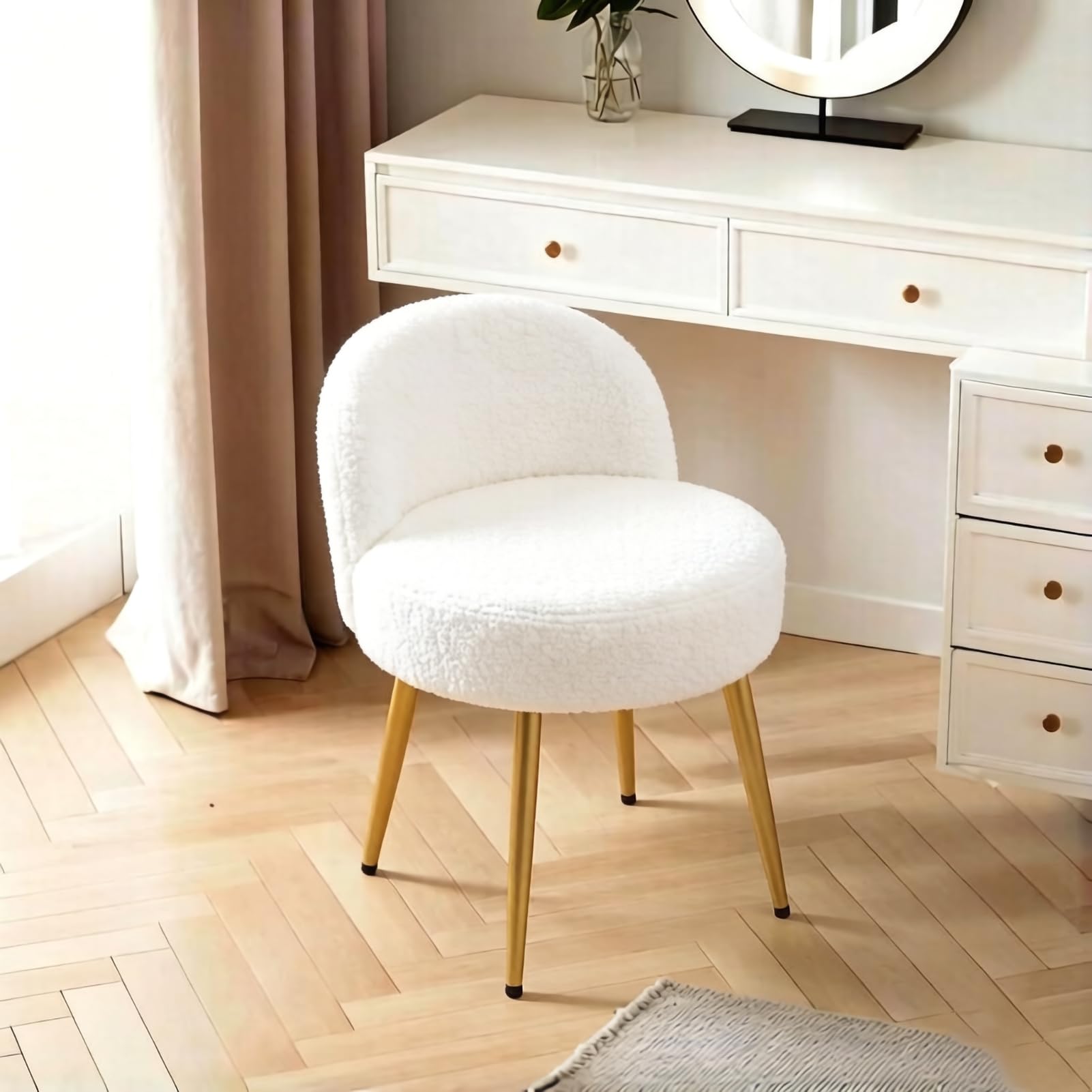 Warmiehomy Dressing Table Chair with Gold Legs and Back, Teddy Velvet Makeup Vanity Stool Chair for Dressing Table, Bedroom, Living Room, White