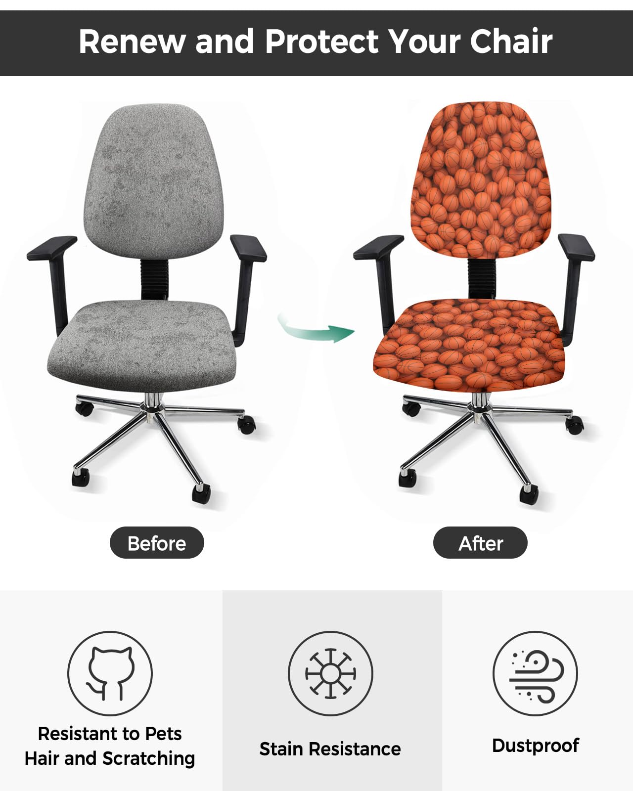 Jolunifun Teen Boys Baseball Sport Office Chair Covers Stretchable 2 Piece, Soft Decorative Computer Desk Chair Cover Protector Universal Rotating Chair Slipcover Kids Gaming Movement Orange