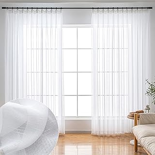 White Sheer Curtains 96 Inches Long 2 Panels, Thin Linen Textured Curtain for Living Room, Rustic See Through Window Treatments Decor, DIY Pinch Pleat Drapes for Track System - Buy now