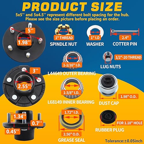 Miniatura 3 de 2 juegos de kit de cubo de remolque 5 en 5 pulgadas para eje cónico de 3500 lbs de 1-116 pulgadas a 1-38 pulgadas, kit de eje de remolque de 5x5