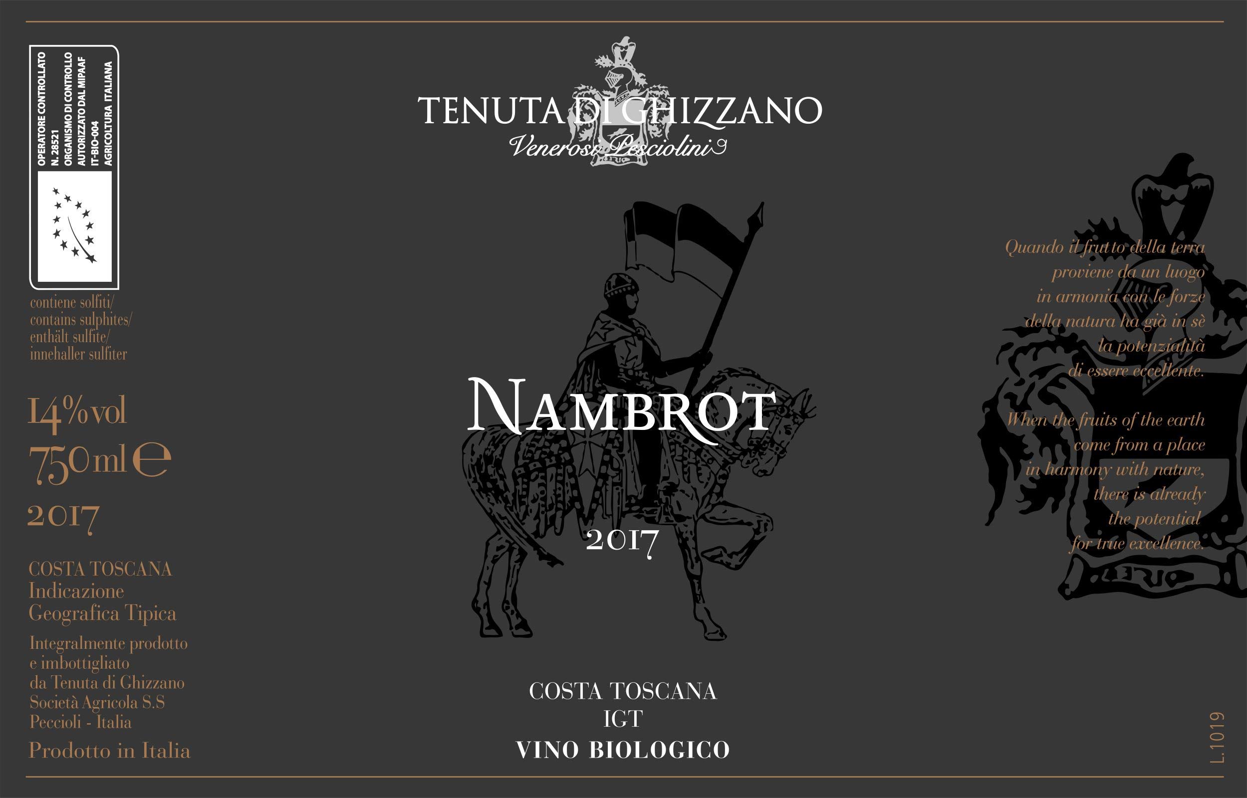 Tenuta di Ghizzano - Nambrot - Vino Tinto BIO I.G.T. Costa Toscana. Vino Premiado, Dedicado al Caballero de Carlomagno Franco Nambrot - Botella 0,75 Litros