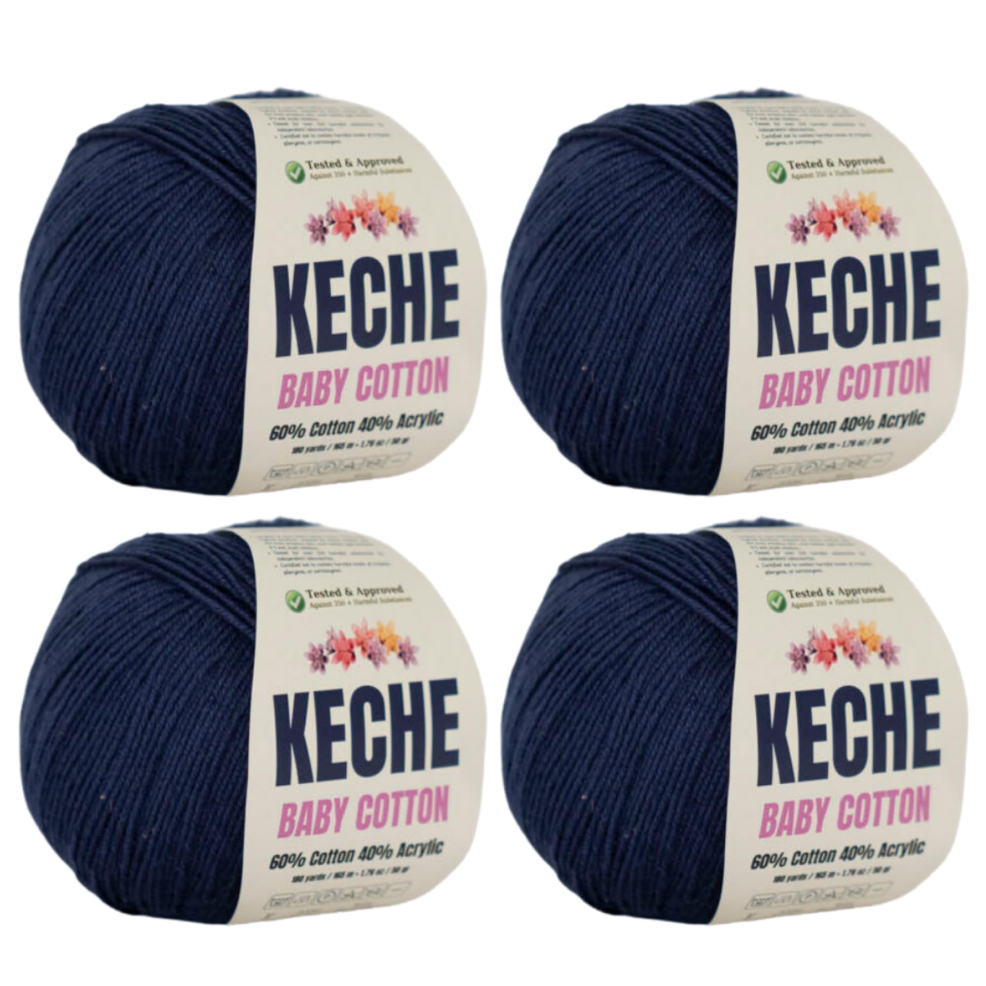 Keche Cotton Yarn, 60% Cotton 40% Acrylic Yarn, Soft Cotton Yarn for Crochet and Knitting, Amigurumi Yarn 4 Skeins/Balls [1.76 Oz (50g) / 180 Yrds (165m)] x 4 - Navy Blue