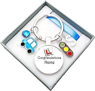 Driving Test Gift. Personalised. Blue Car. Congratulations On Your Driving Test. Cabochon Keyring. New Driver. Leaner Driver. Theory Test. Gift Box. Gift Card