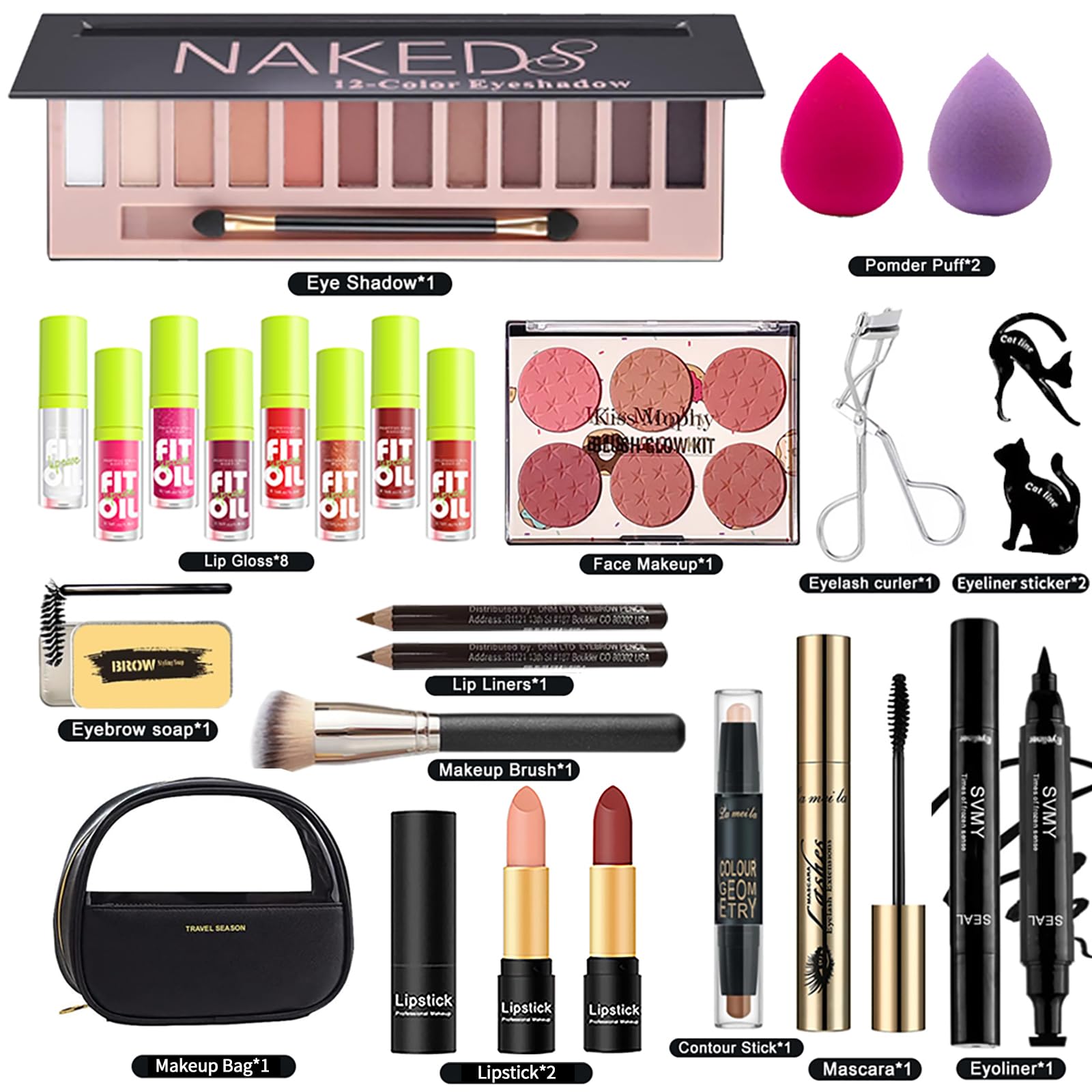 Make-up Sets, 25 Stück All in One Make Up Set, Schminke Set Frauen, Kosmetik Starter Kit, mit 12 Colours Lidschatten Palette, Augenbrauenstift Wasserfest, Mascara, Eyeliner