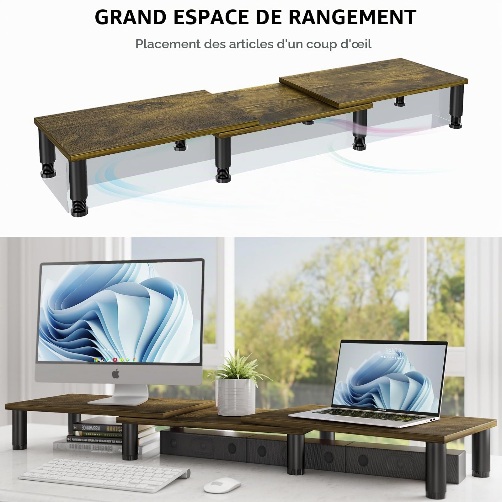 Support de moniteur double avec pieds en acier à hauteur réglable, support de moniteur en bois pour bureau, rehausseur de moniteur pour 2 moniteurs avec espace de rangement