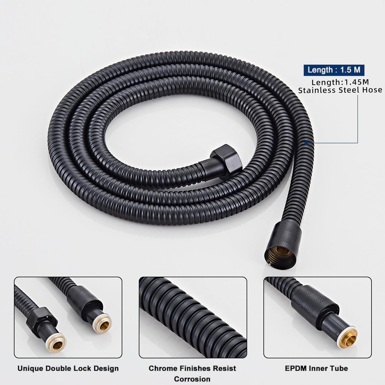 Handheld Shower Head，High Pressure Black Shower Head,Water Saving Detachable Shower Wand with Solid Brass Body and 5 ft Flexible Hose, Easy to Clean and Durable