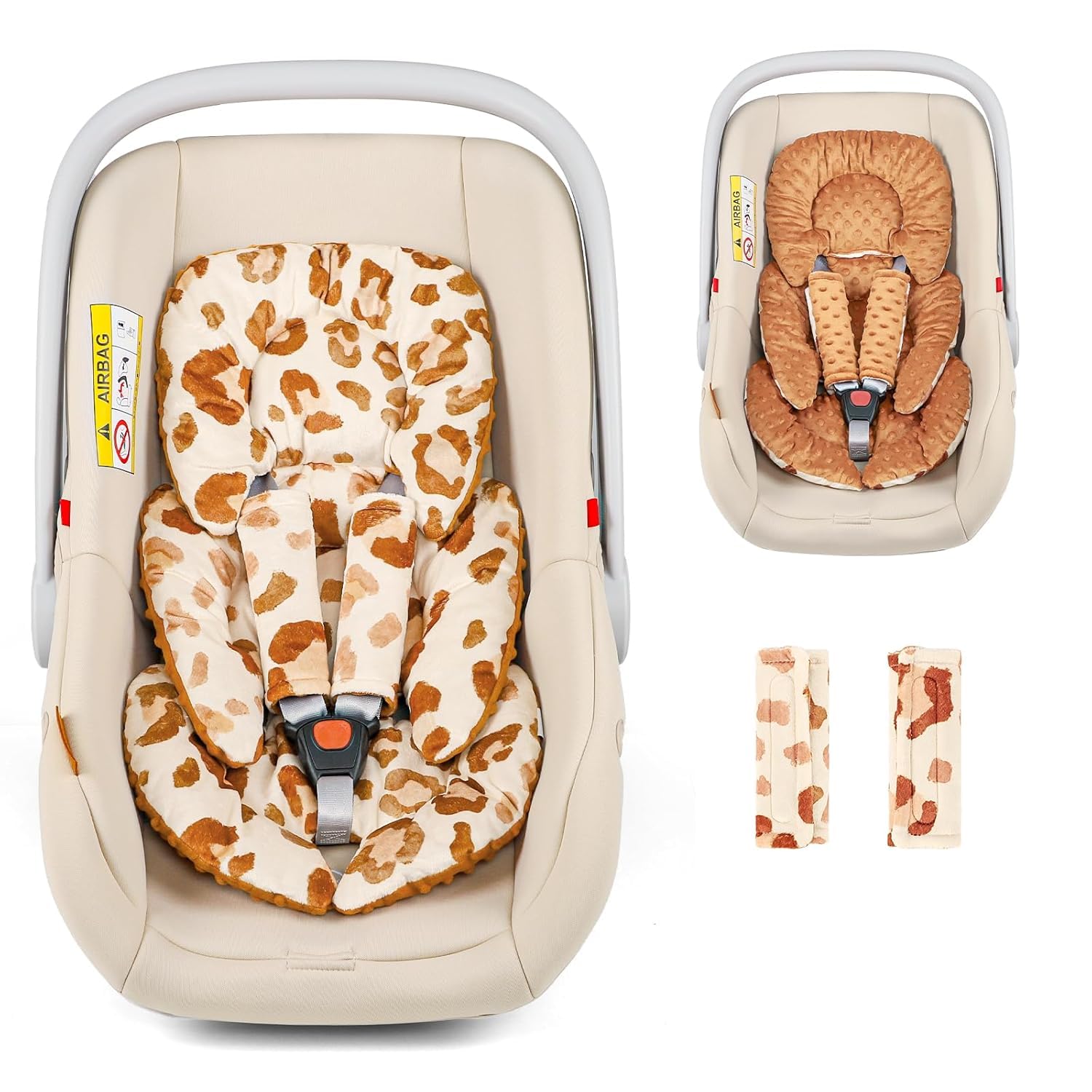 Infant Car Seat Insert Head and Body Support, GFU Reversible Newborn Insert for Carseat with Strap Pads, Soft Stroller Cushion Pillow Insert for Boys and Girls, Fits for Stroller, Swing, Leopard Print