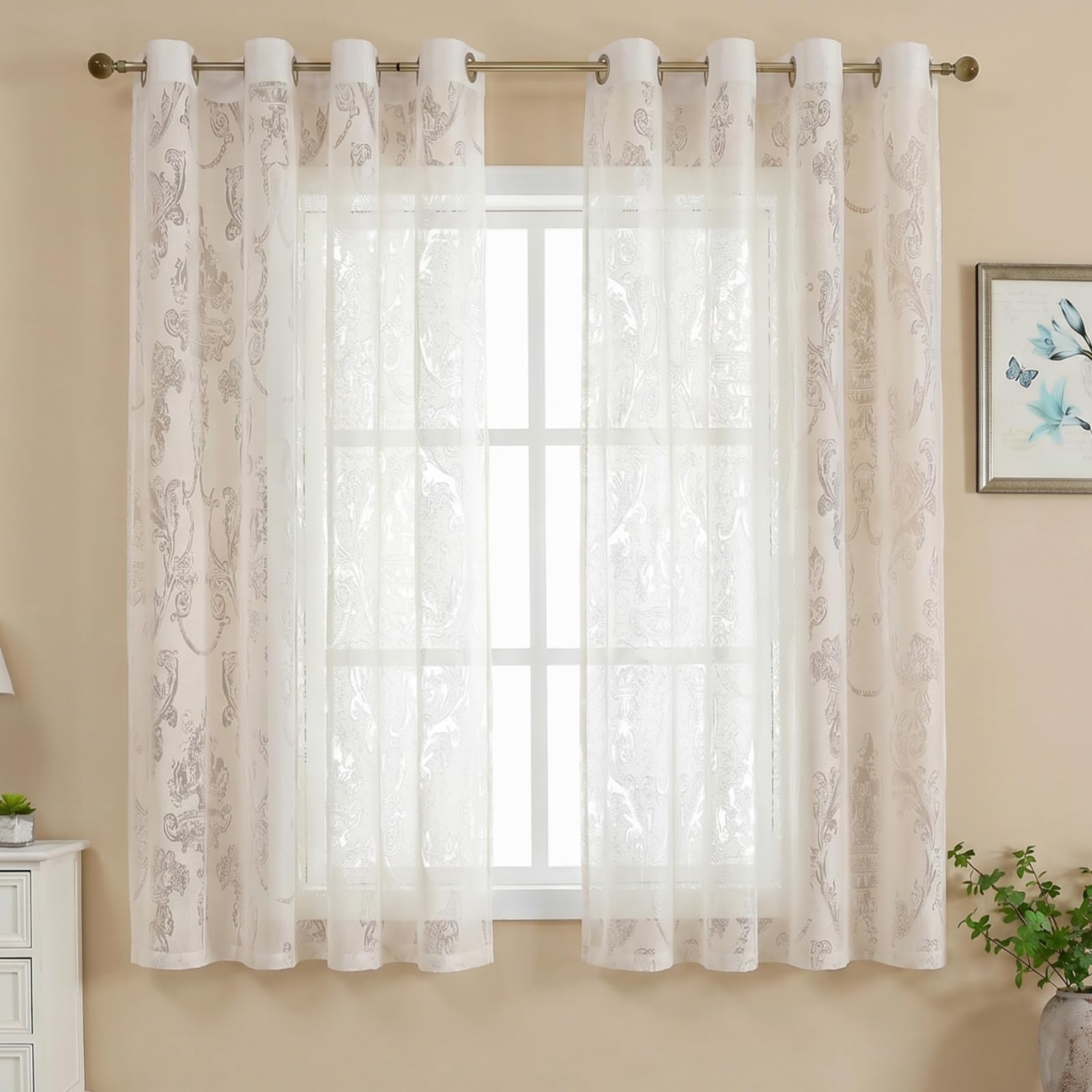 Cream Floral Jacquard Voile Curtains - Vintage Damask Eyelet Net Curtains, Semi Sheer Light Filtering Drapes for Living Room & Bedroom, French Shabby Chic Elegance (2 Panels)-W52 x L63 inch