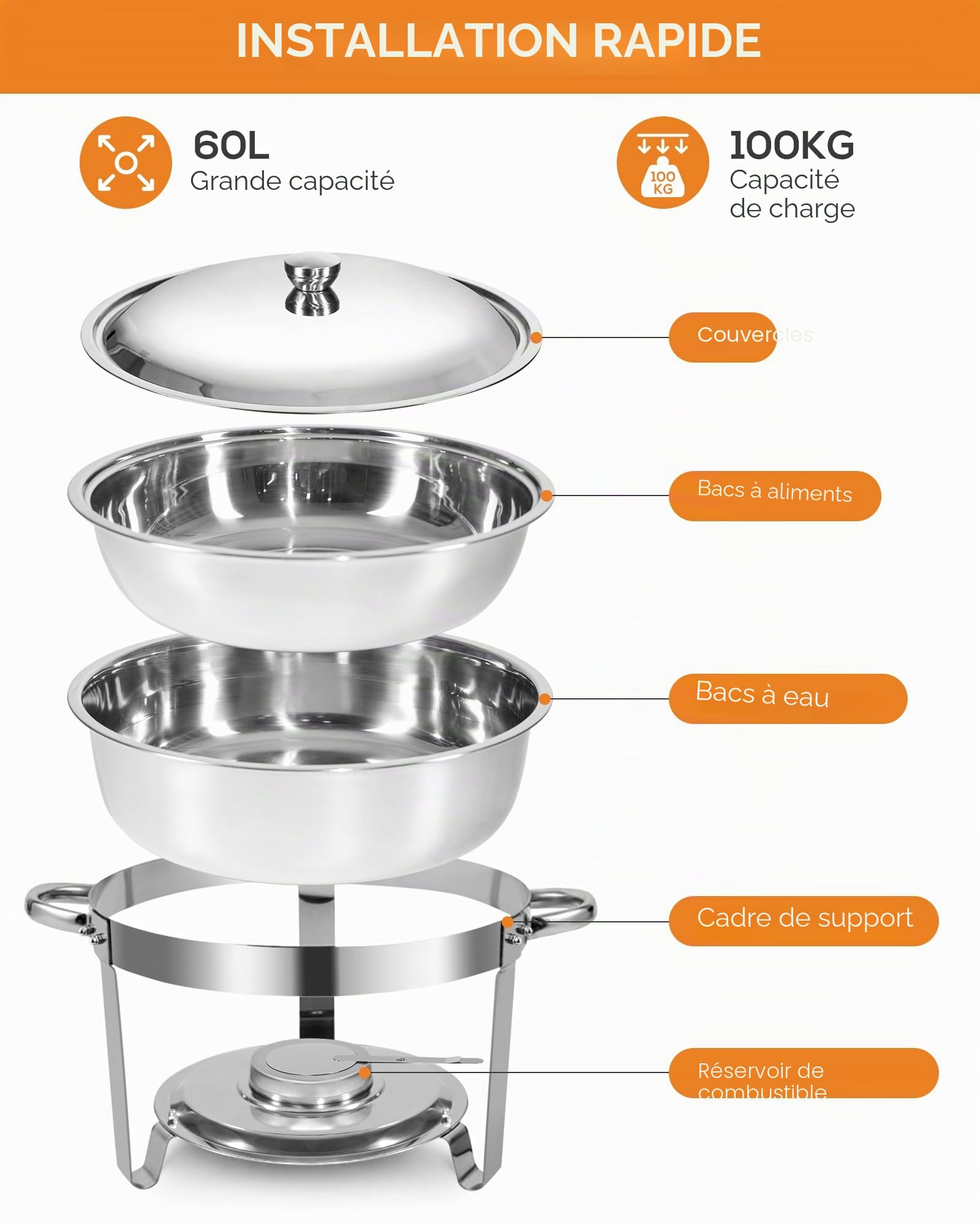Chafing Dish Buffet Lot de 4 récipients de Conservation au Chaud en Acier Inoxydable - 5 l - Robuste et de qualité supérieure - avec Pinces de Service - Rondes - Argenté