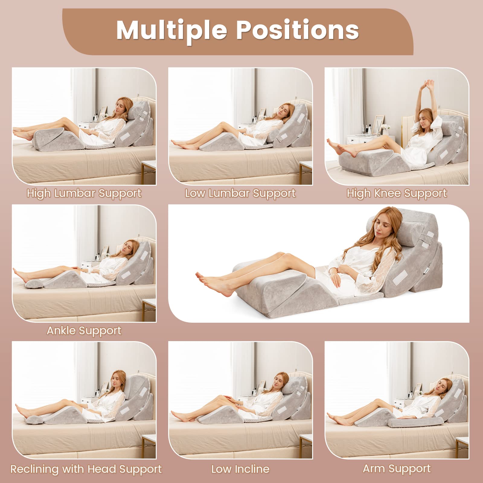 GOPLUS Juego de 6 Almohadas en Cuña de Espuma con Memoria | Almohada Ortopédica Ajustable para Cuello y Piernas, Alivio del Dolor de Espalda, con Funda Lavable, Gris