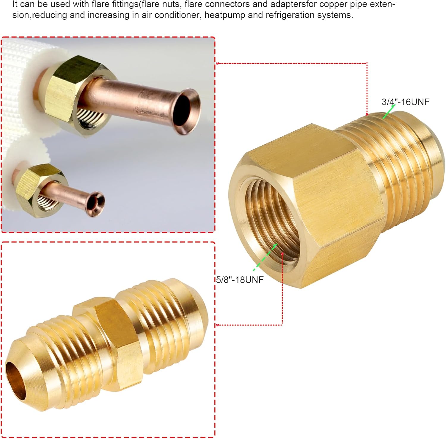 2pcs 3/8 Inch (5/8"-18UNF) Female Flare x 1/2 Inch（3/4"-16UNF）Male Flare Brass Adapter for fuel, oil, air, liquid petroleum (LP) and natural gas lines connections