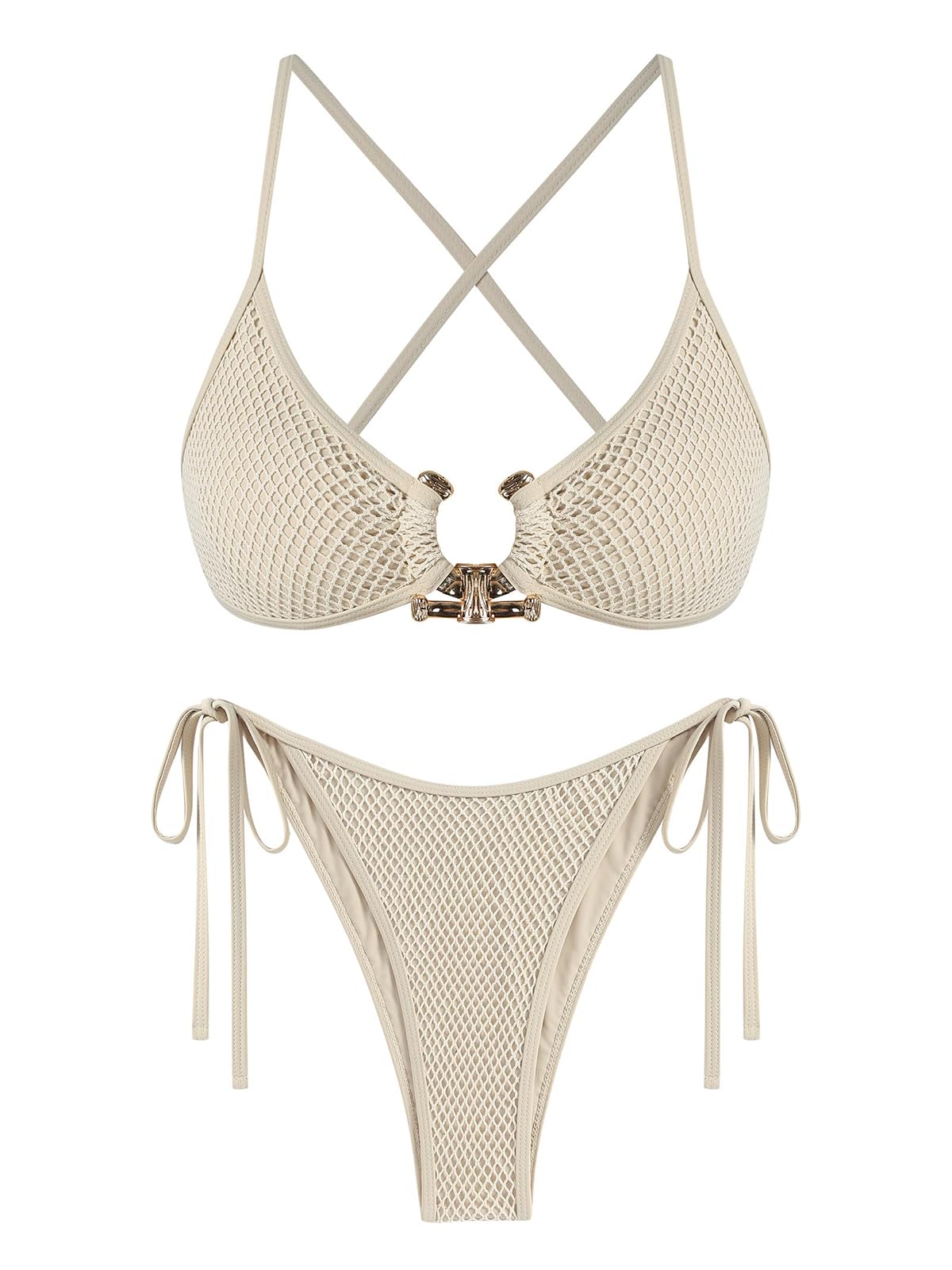 ZAFULWomen's Sexy Cutout Bikini Set High Cut Textured Metal Ring Cheeky Swimsuit Two Piece Bathing Suit