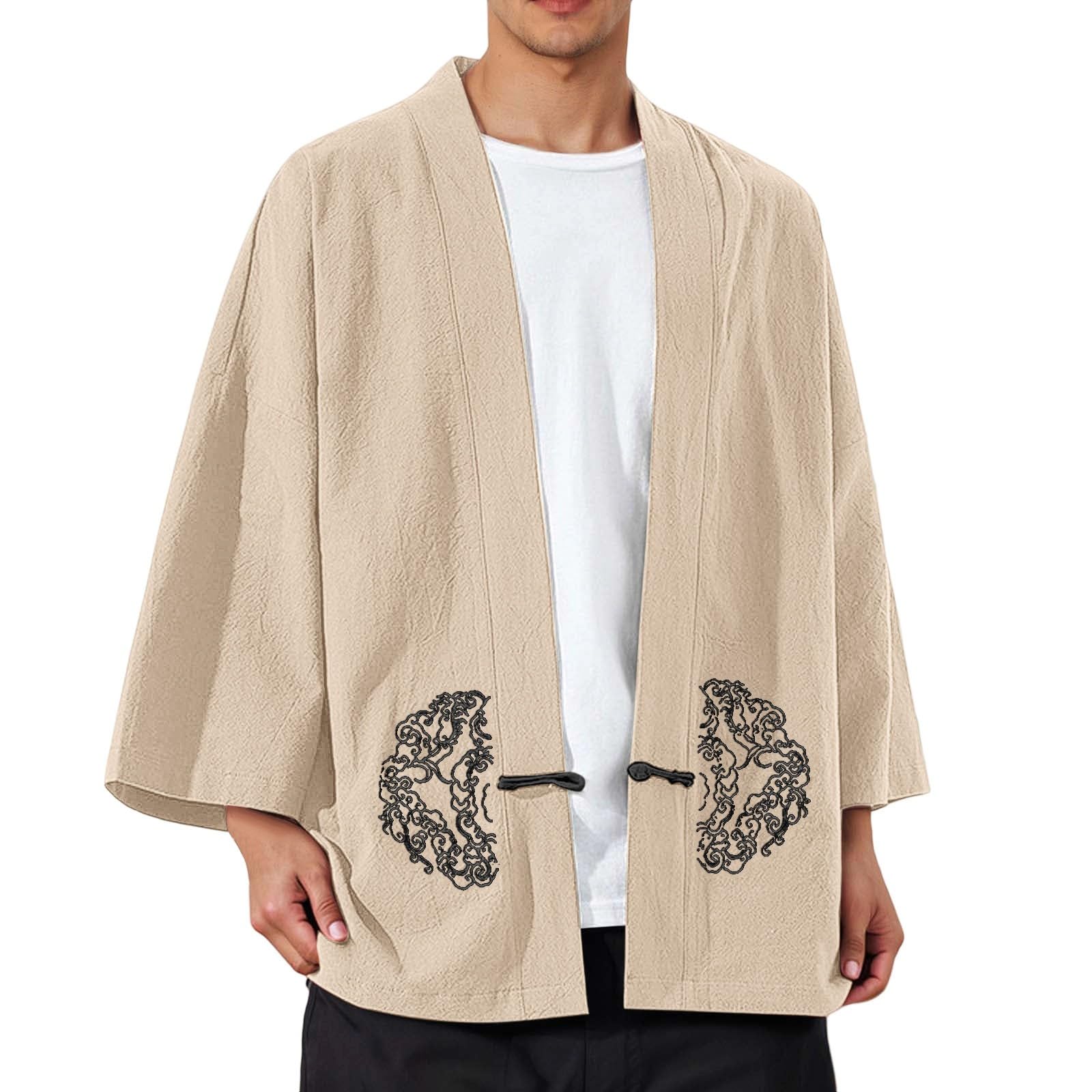 Generisch Kimono japonés para hombre Happi Haori Chaqueta tradicional Ropa de dormir Algodón Lino Abrigo Sakura Estampado Chaqueta de entretiempo Chaqueta de punto Samurai Yukata Camisón Albornoz