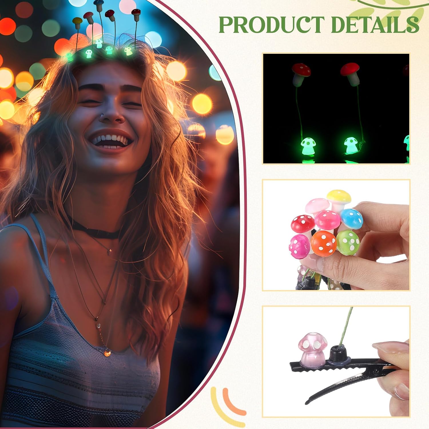 Tigeen 100 Pcs Glow Rave Trinkets Festival Duck Hair Clip with Bean Sprout Mushroom Sprout Hairpins Holiday Funny Plant Flower Hair Accessories for Women Music Festival