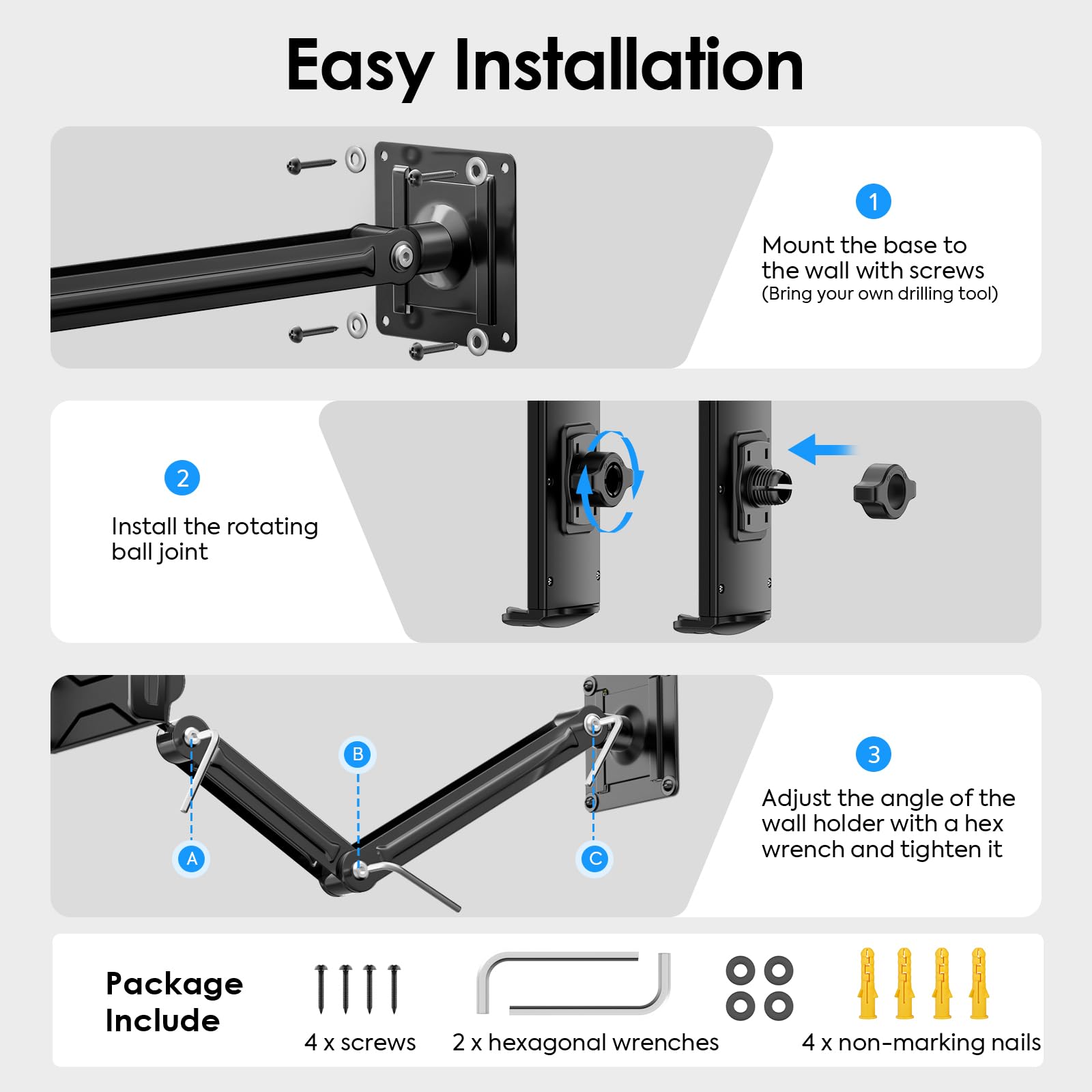 MoKo Soporte para Tablets Universal, Soporte para Tabletas Plegable y Extensible para Teléfonos y Tabletas de 4,7"-14", Soporte de Pared Ajustable 360° para Cocina, Gimnasio, Oficina, Aula, Negro
