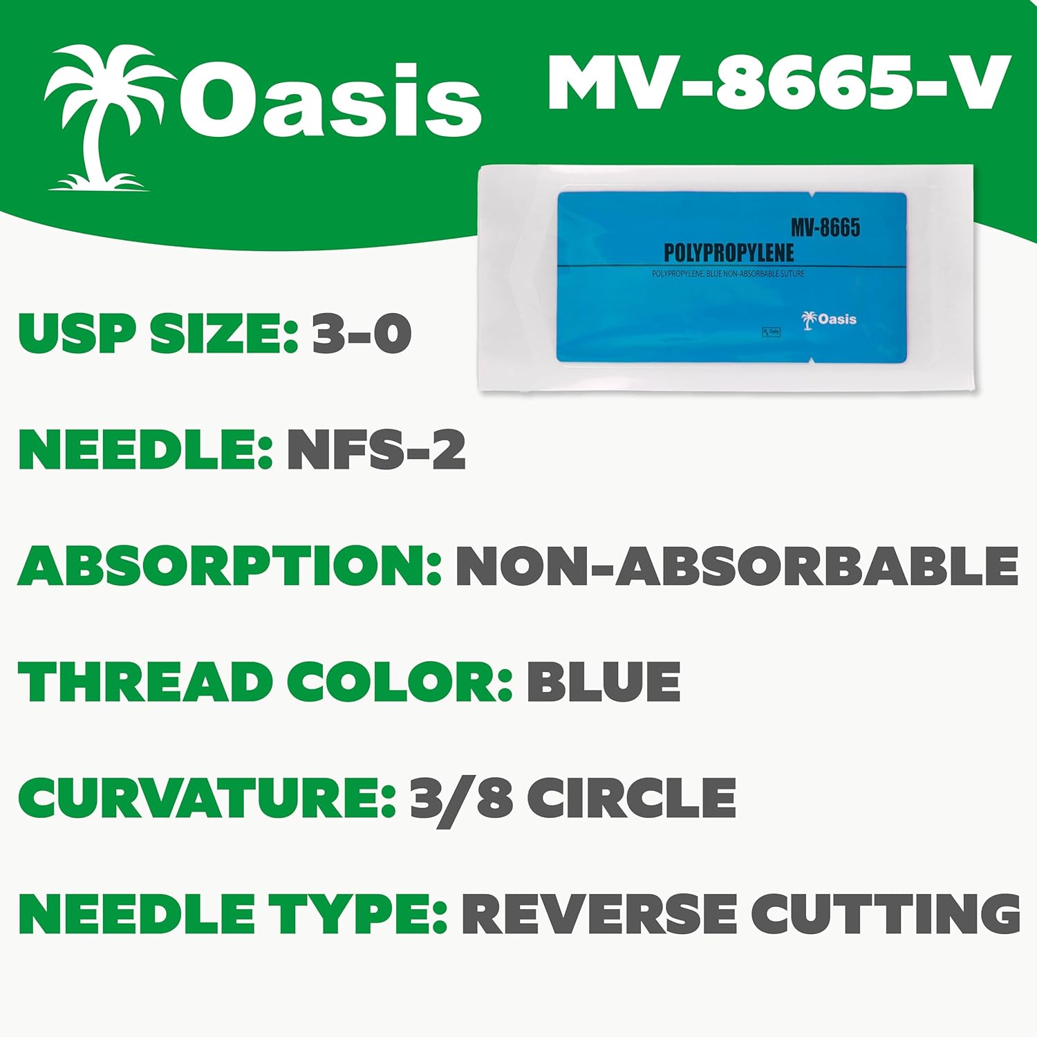 Oasis Vet Polypropylene Surgical Suture, 3-0, (FS-2) 3/8 19mm Reverse Cutting Needle, 75cm, 12/Box, Veterinary Use