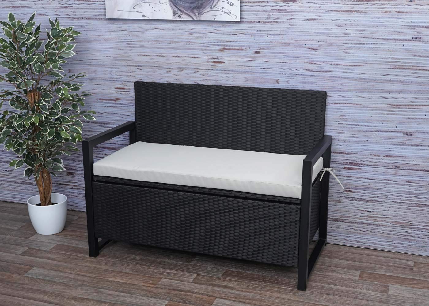 Mendler Banco de 2 plazas HWC-F39 de polirratán, banco de jardín, baúl, compartimento de almacenamiento, cojín de almacenamiento, color antracita, cojín gris